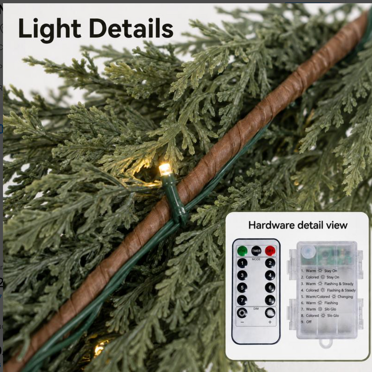Close-up of the cedar foliage, warm white LED and the remote with its 8 lighting modes