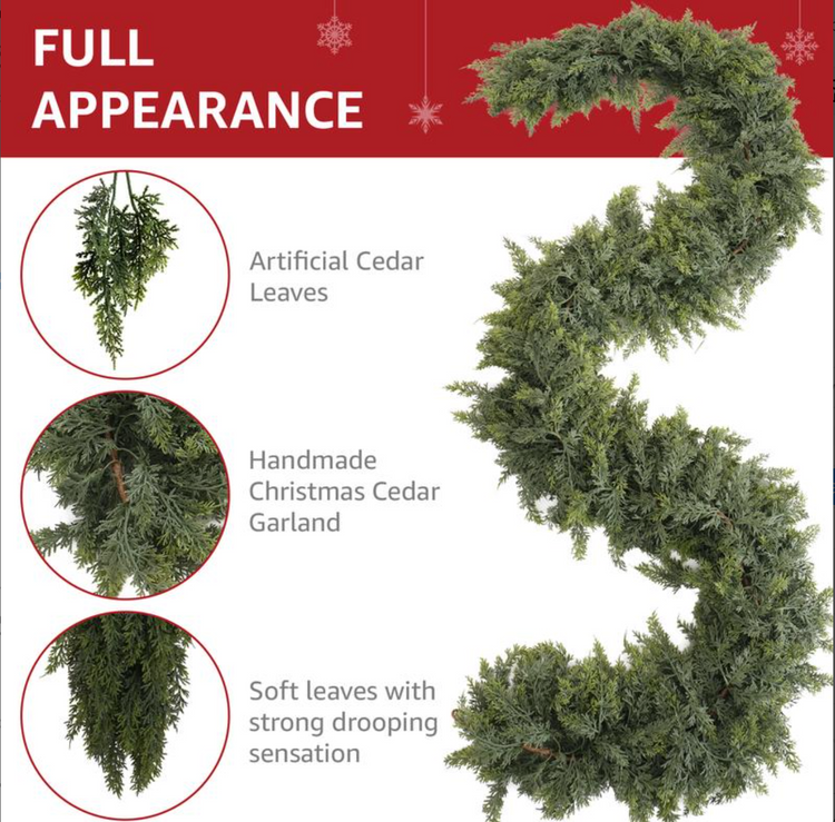 Full length of the cedar garland with close-ups of the soft cedar leaves