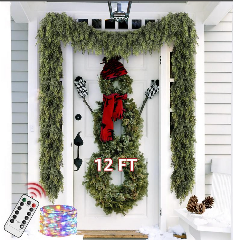Two garlands framing a front door, 12 FT total, with the remote