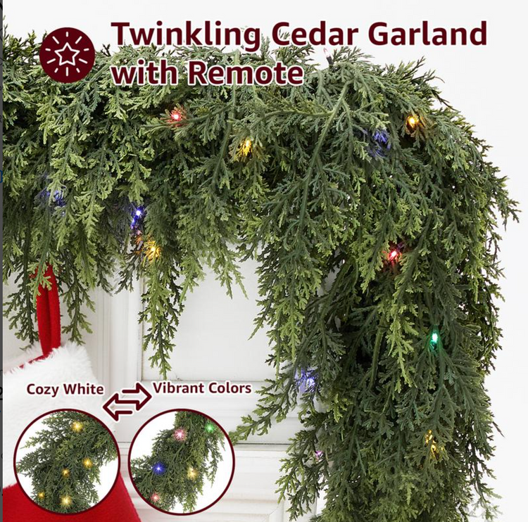 Cedar garland draped over a mantel with multicolor lights, warm white and color close-ups