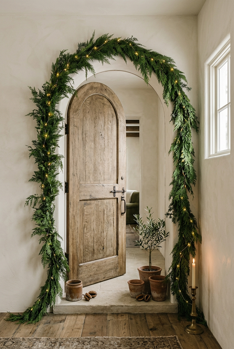 Cedar garland with warm lights framing an arched wooden doorway