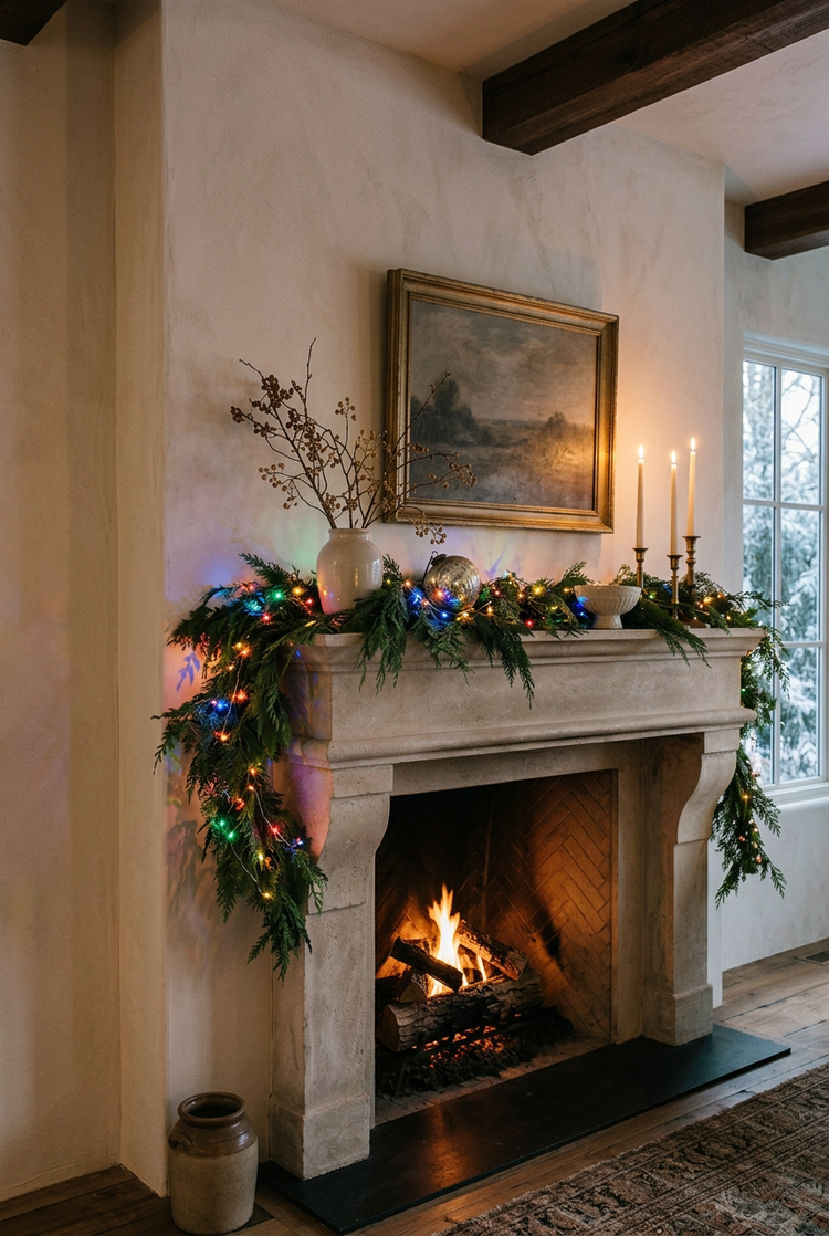 Cedar garland with multicolor lights draped across a stone fireplace mantel