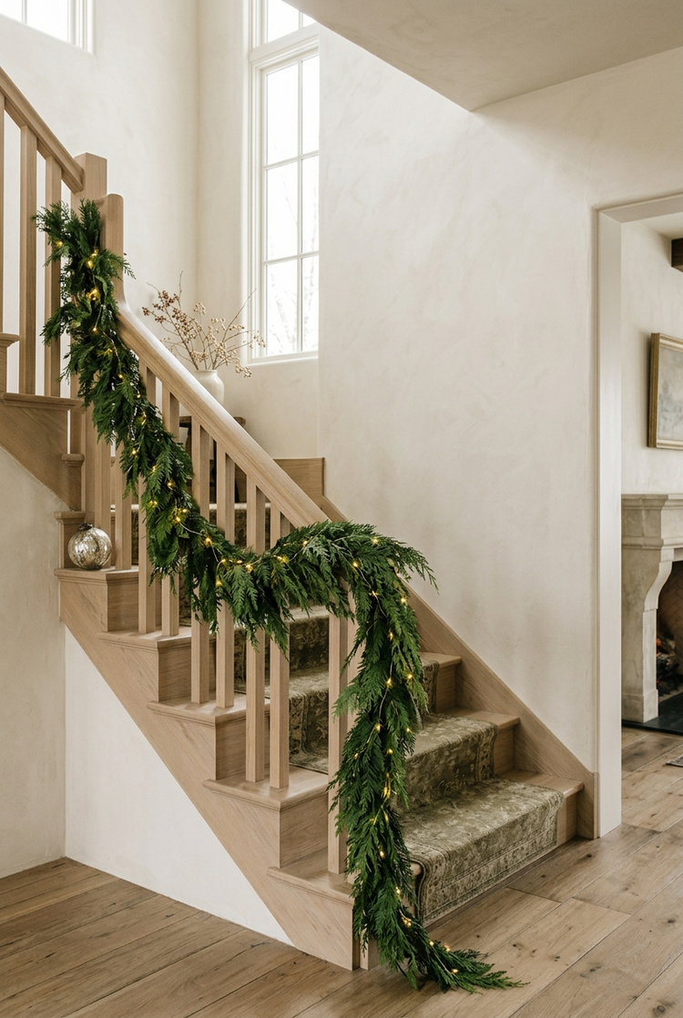 Cedar garland with warm lights wound along a pale oak stair railing