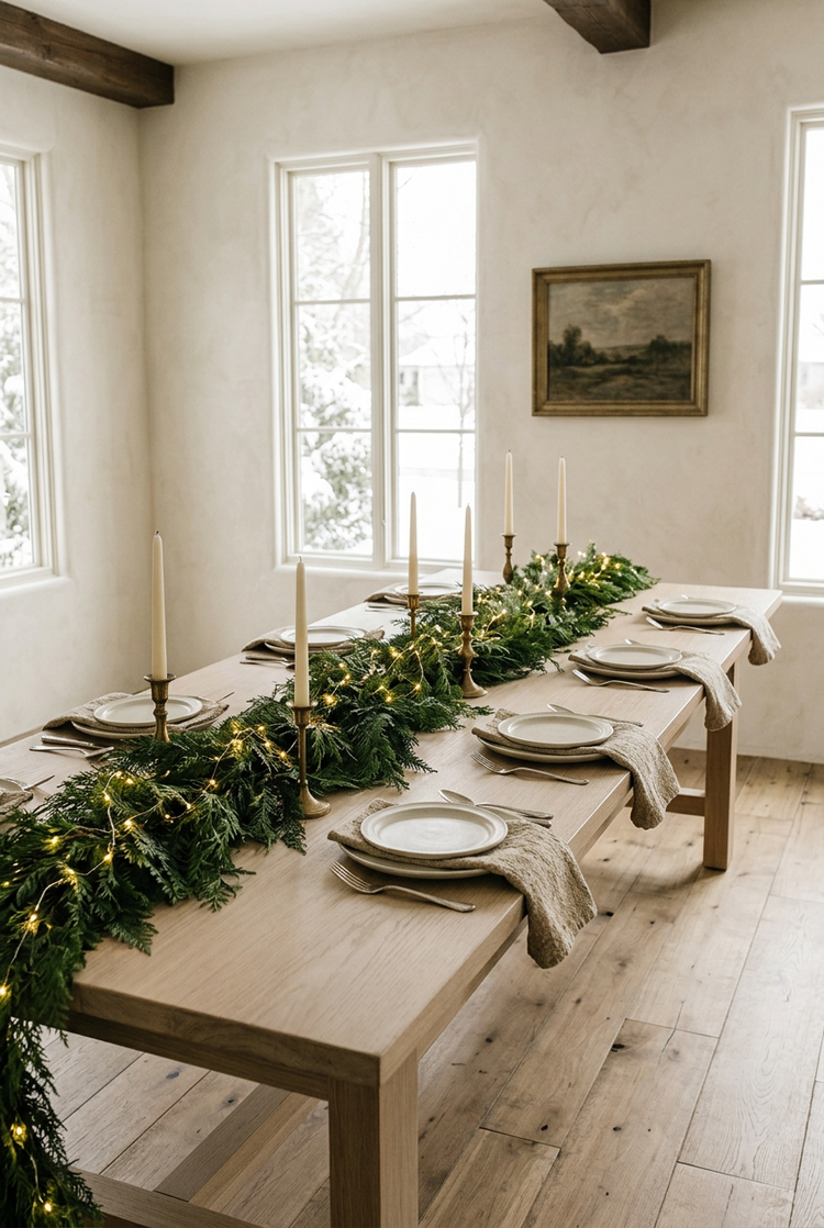 Cedar garland with warm lights styled on a mantel